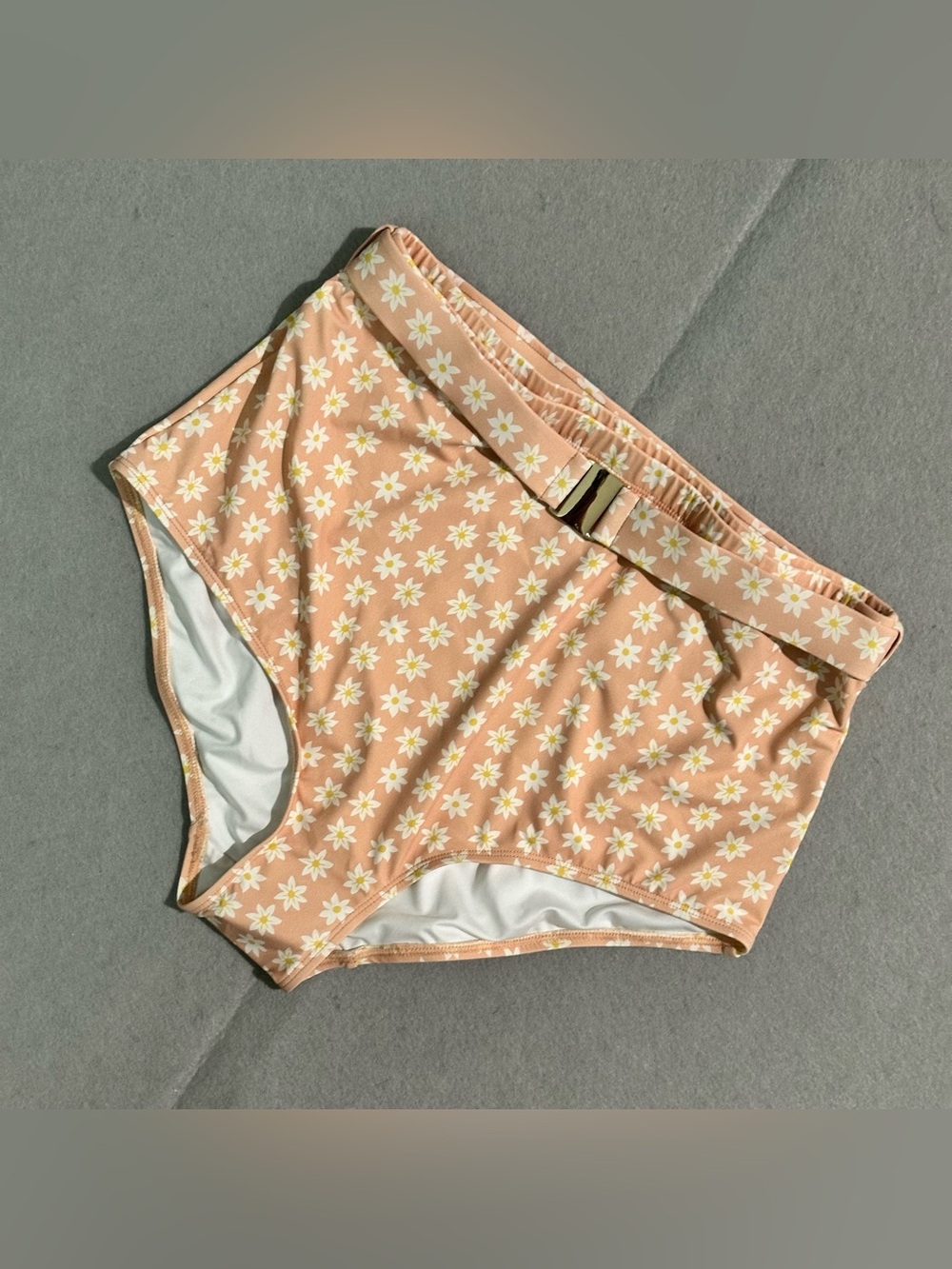 High-Waist Peach Floral Swim Bottom with Decorative Belt